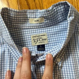 J Crew Sport Shirt Secret Wash Cotton Poplin Light Blue Checkered Size L Slim
